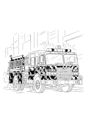 A classic fire truck rushing through the city streets with flashing lights and various equipment on the side