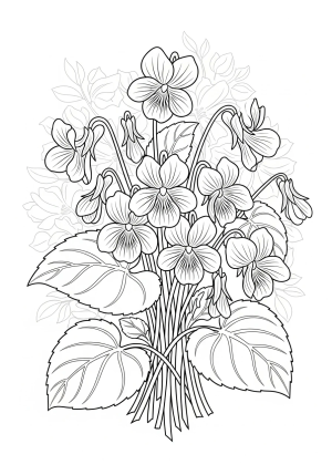 A detailed illustration of a bunch of violets with delicate petals and intricate leaves, set against a soft floral background