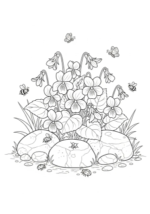 A whimsical scene of violets blooming among garden stones and tiny insects, capturing a playful and enchanting atmosphere