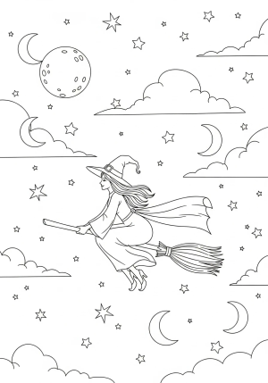 A whimsical witch flying on a broomstick through a starry night sky with a full moon overhead, surrounded by clouds and crescent moons