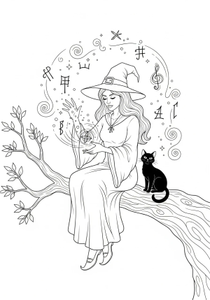 An enchanting witch sitting on a tree branch casting a spell with swirling magical symbols and a curious black cat sitting beside her