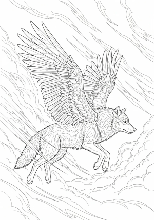 A majestic wolf with large, detailed feathered wings soaring through a cloudy sky, surrounded by swirling wind patterns