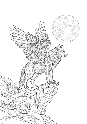 A fierce wolf with majestic wings perched atop a rocky cliff, gazing into the distance with a full moon overhead
