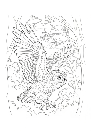 An owl flying through a forest at dusk, with detailed tree silhouettes and a full moon in the background, showcasing elaborate feather patterns and expressive eyes.