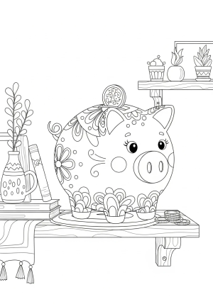 A whimsical piggy bank sitting on a cozy shelf, adorned with patterns and decorative elements, with coins spilling nearby.