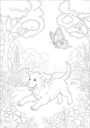 A playful puppy chasing a butterfly in a lush garden with flowers and trees around