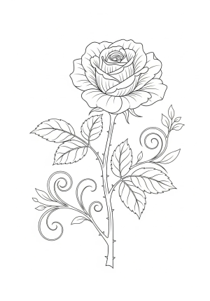 A graceful single rose stem with large, ornate petals, surrounded by leaves and delicate thorny branches, with swirling decorative elements