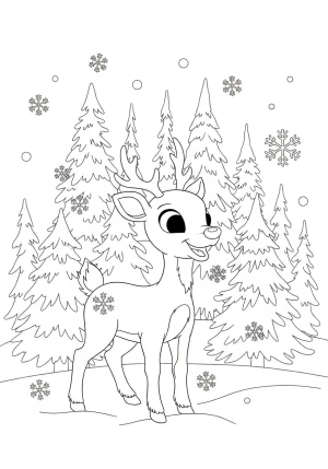 A cheerful Rudolph the Red-Nosed Reindeer standing in a snowy forest with pine trees and snowflakes around him