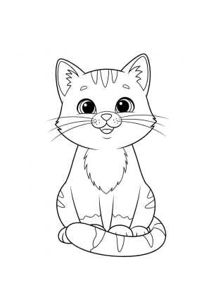 A cute cartoon cat sitting with a big smile and its tail curled around its paws