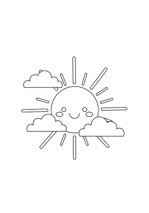 A simple, friendly smiling sun with rays extending outward and a few fluffy clouds