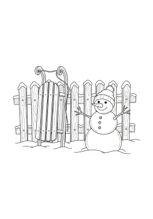 A cozy winter scene with a sled resting against a snow-covered fence near a cheerful snowman.