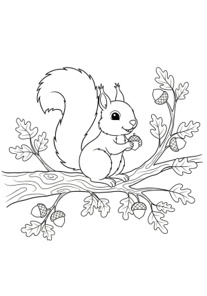A playful squirrel sitting on a tree branch surrounded by leaves and acorns.