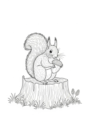 A curious squirrel holding an acorn while perched on a wide tree stump in a forest clearing.
