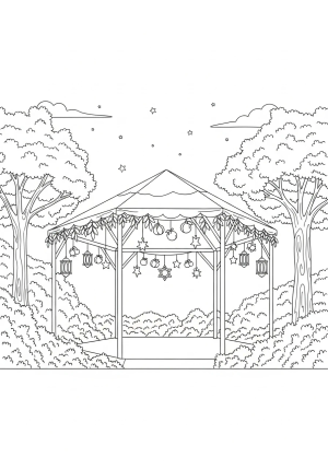 A festive sukkah decorated with hanging fruits, stars, and lanterns, surrounded by lush trees and a clear night sky