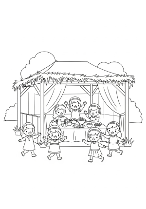 A traditional sukkah with a shulchan (table) inside, filled with symbolic foods and surrounded by children playing and celebrating outdoors