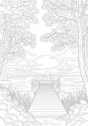 A tranquil lakeside view with a dock extending into the water, surrounded by trees whose branches frame a vivid sunset sky