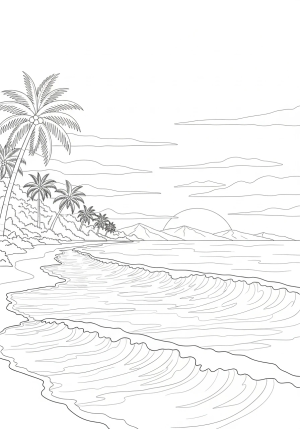 A serene beach scene at sunset with gentle waves, palm trees silhouetted against the sky, and distant mountains on the horizon