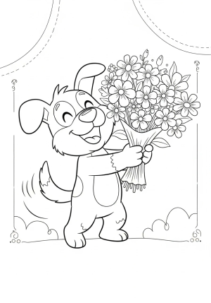 A friendly animal character holding a bouquet of flowers with a joyful expression, set against a simple decorative background