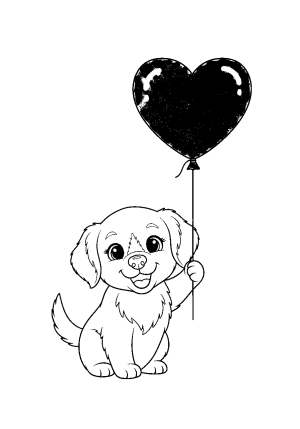 A cute puppy holding a heart-shaped balloon with a happy expression.