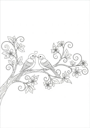 A romantic scene of two birds sitting together on a tree branch with intricate leaves and flowers around them.