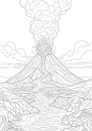 A detailed sketch of a towering volcano erupting with flowing lava, ash clouds billowing into the sky, surrounded by rocky terrain and sparse vegetation