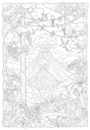 An intricate scene of a volcano nestled in a lush jungle, with smoke rising from the crater and wildlife like birds and monkeys nearby