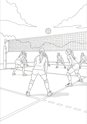 A detailed volleyball court scene with players preparing for a serve on a sunny outdoor court
