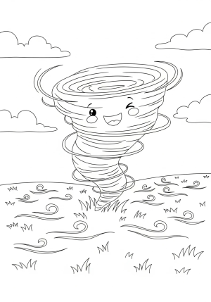 A playful scene of a cheerful tornado swirling through a meadow with wind lines and a few scattered clouds