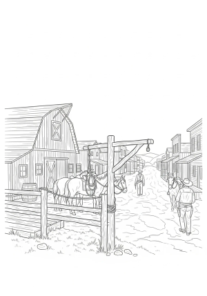 A classic western town scene featuring a wooden barn, a hitching post with horses, and a dusty street with cowboys and horses