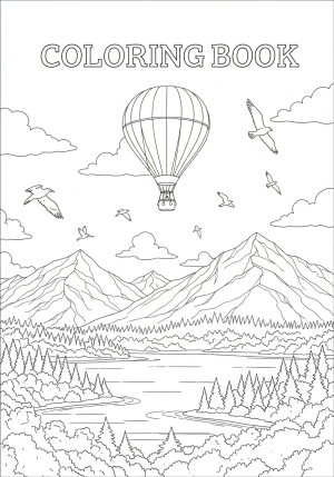 An adventurous scene with a hot air balloon floating over mountains, lakes, and forests with birds soaring nearby.