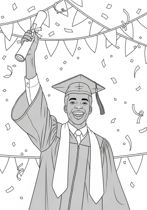 A joyful graduate wearing a cap and gown, holding their diploma with confetti and celebratory banners in the background