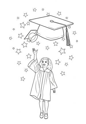 A proud graduate tossing their cap into the air surrounded by a backdrop of stars and a large graduation cap