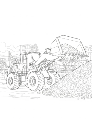 A large front loader scooping a pile of gravel at a busy construction yard with equipment and buildings in the background