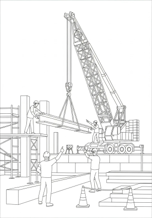 A detailed scene of a crane lifting a metal beam at a construction site with workers guiding it into place