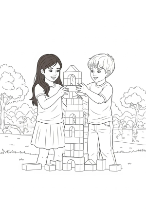 Two children from different backgrounds working together to build a tall, sturdy tower with blocks in a sunny park setting