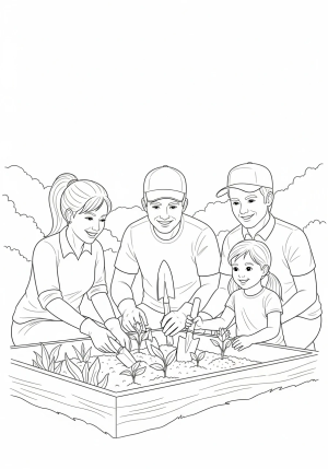 A group of people planting a community garden, passing tools and sharing smiles as they collaborate