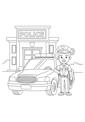 A playful scene of a police car parked in front of a police station with a friendly police officer next to it