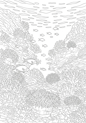 A detailed underwater scene depicting a vibrant coral reef teeming with various types of coral, sea anemones, and schools of fish swimming among the rocky formations