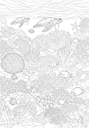A lively coral reef with intricate coral structures, sea turtles gliding through the water, and diverse marine life such as starfish and colorful fish nestled among the coral branches