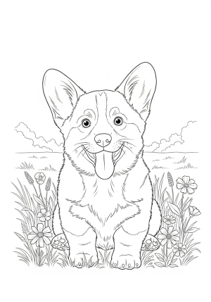 A adorable corgi puppy sitting happily with its tongue out and floppy ears, surrounded by a grassy field and flowers