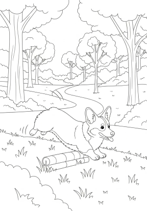 A playful corgi with a wagging tail jumping over a small obstacle in a lively park scene with trees and a pathway