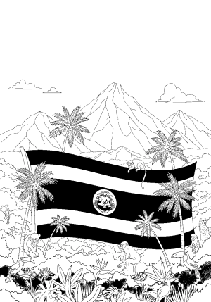 An artistic interpretation of the Costa Rican flag draped over a picturesque tropical landscape featuring mountains, trees, and wildlife in a clean black and white outline.