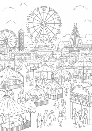 A lively county fair scene with a Ferris wheel, rides, and tents bustling with visitors