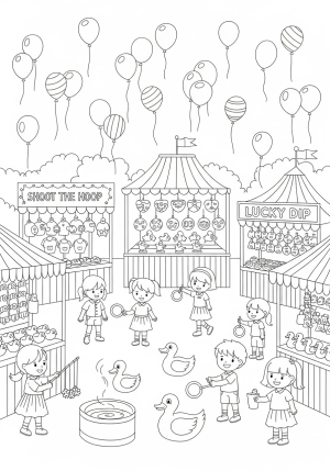 A charming scene of children playing games at a decorated fairground with balloons and booths