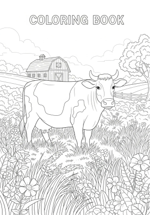A cheerful cow standing in a lush meadow filled with wildflowers and tall grass, with a peaceful farm in the background