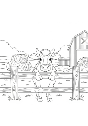 A curious cow peeking over a wooden fence, surrounded by farmyard details like hay bales and a barn