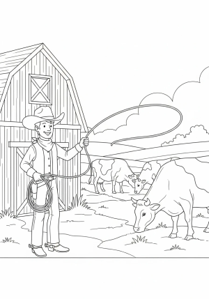 A cheerful cowboy standing next to a rustic barn, holding a lasso with cattle grazing nearby