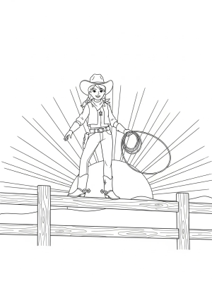 A cheerful cowboy cowgirl standing atop a wooden fence, holding a lasso with a sunset sky behind her