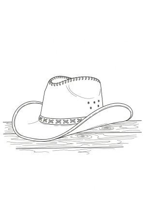 A simple sketch of a cowboy hat resting on a wooden surface with decorative stitching and a wide brim.