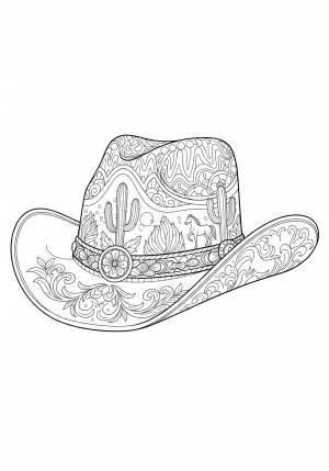 A detailed line drawing of a classic cowboy hat with intricate Western patterns and embellishments.